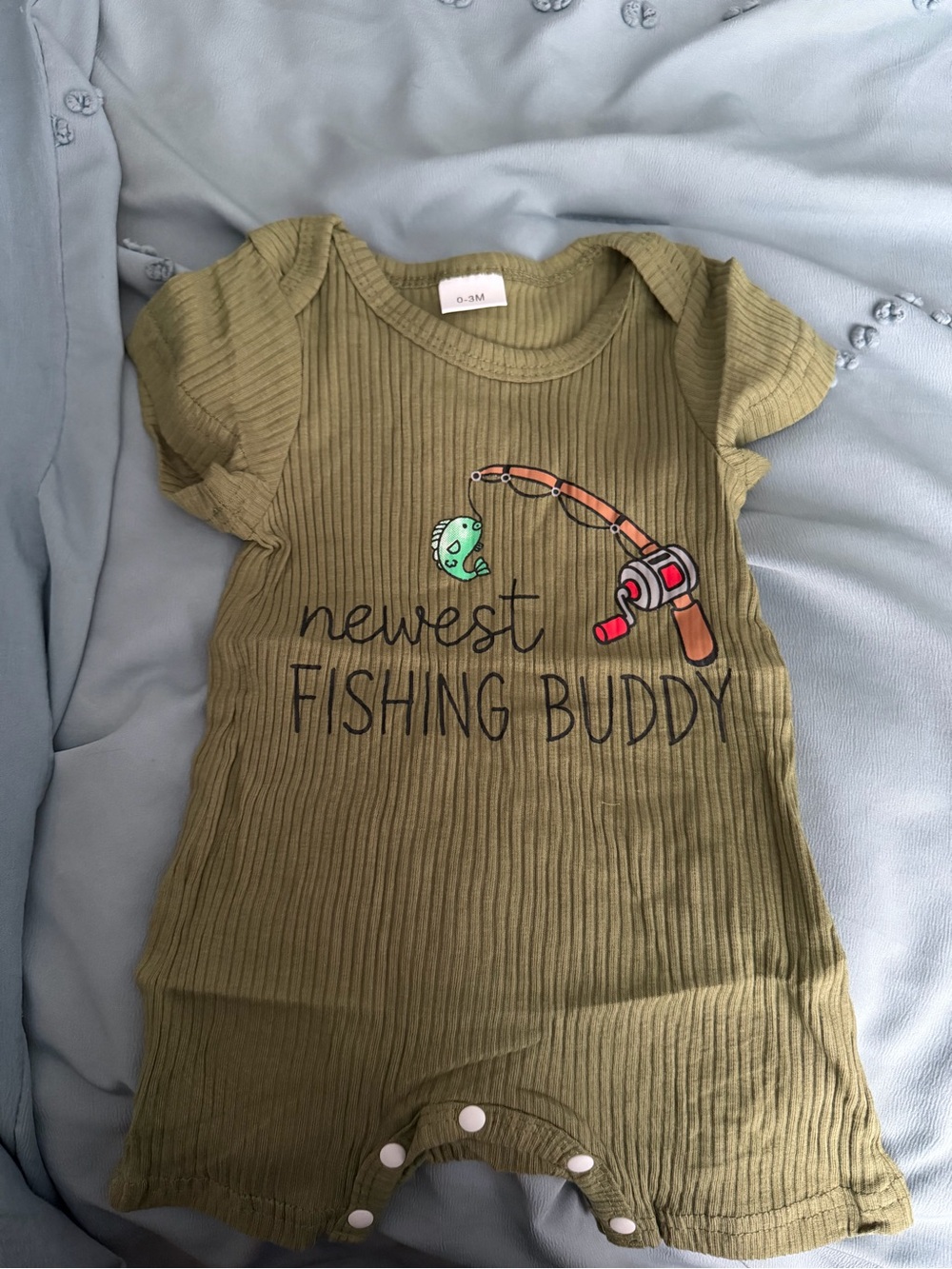 Amazon Olive Green 'Newest Fishing Buddy' Ribbed Short Sleeve Baby Romper